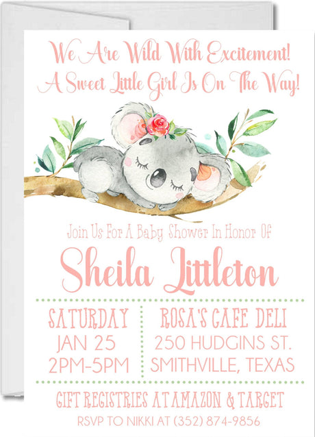 pink koala baby shower invitations floral watercolor design