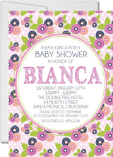 pink lavender navy flower baby shower invitations playful retro theme