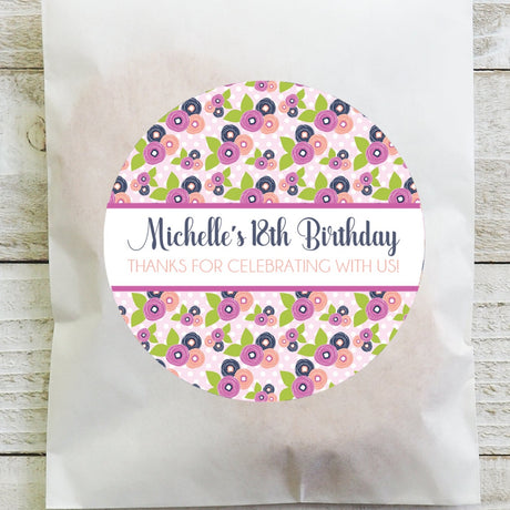 pink navy purple floral birthday stickers