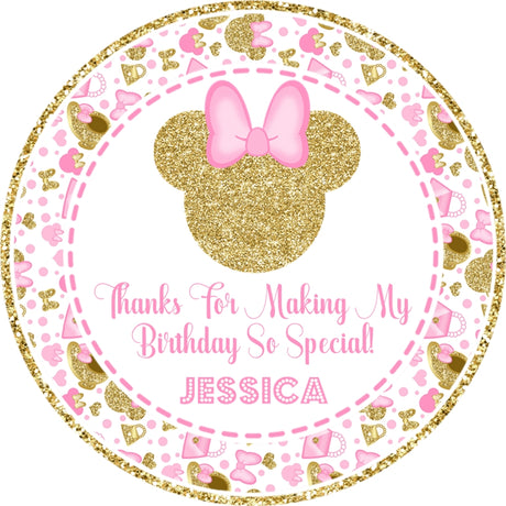 pink patterned birthday sticker with bows hearts and gold accents