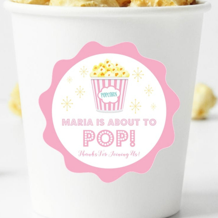 pink popcorn baby shower sticker with retro design