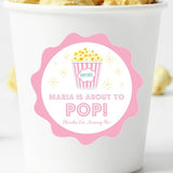 pink popcorn baby shower sticker with retro design
