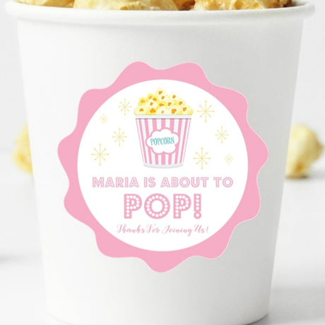 pink popcorn baby shower sticker with retro design