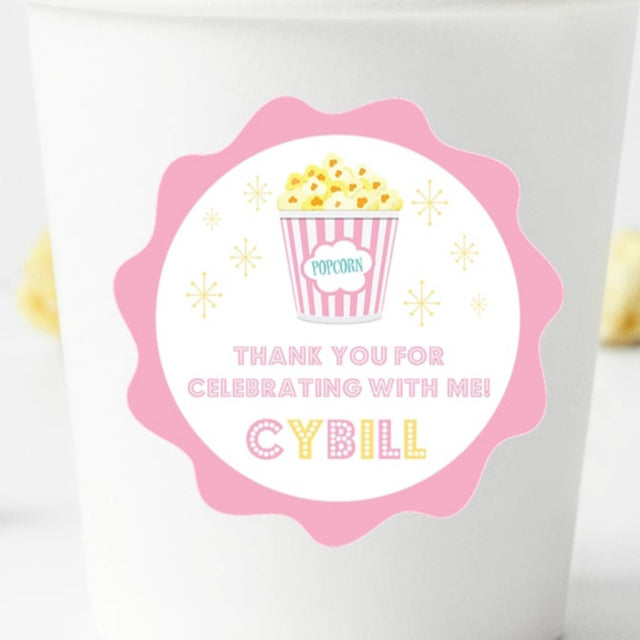 pink popcorn birthday sticker with pastel bucket