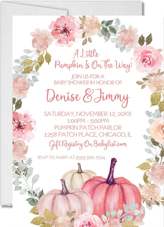 pink pumpkin baby shower invitations blush floral autumn design