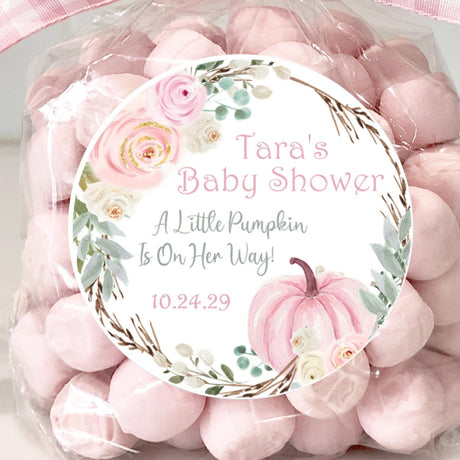pink pumpkin baby shower sticker with eucalyptus wreath