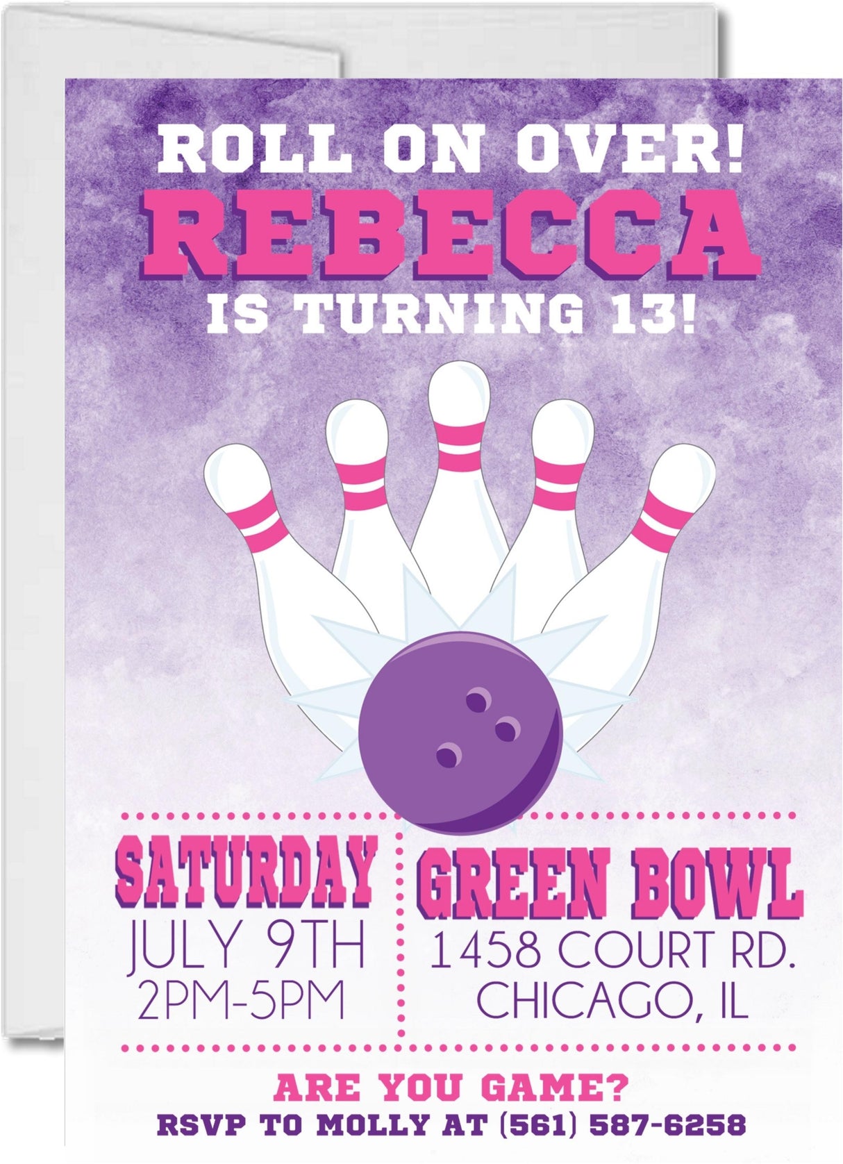 pink purple bowling invitation cards girls birthday celebration style