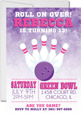 pink purple bowling invitation cards girls birthday celebration style