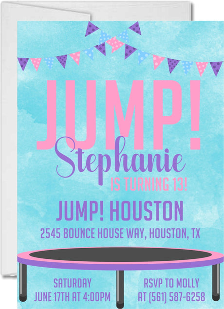 pink purple jump birthday invitations trampoline party theme