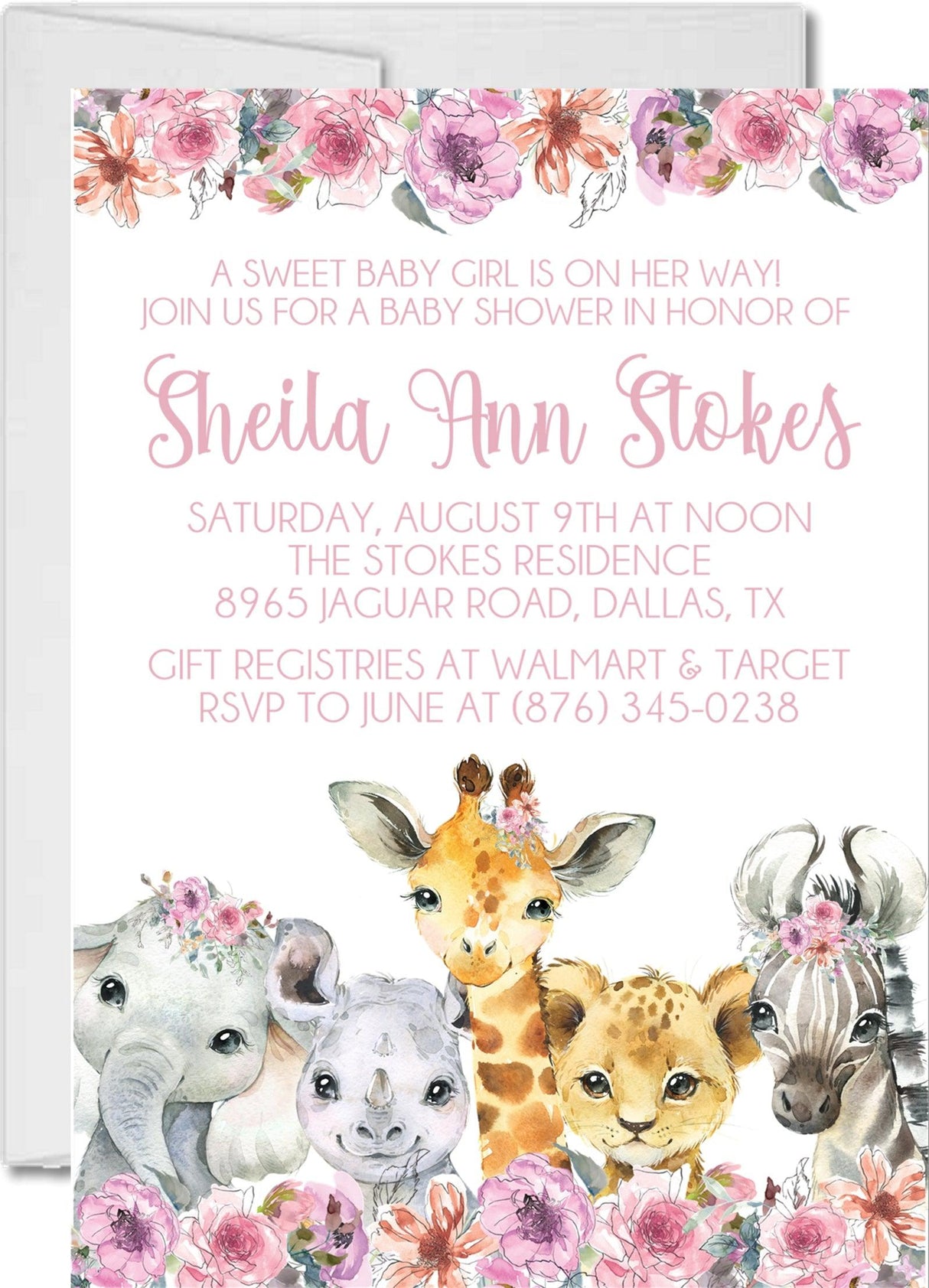 pink purple safari baby shower invitations elephant giraffe design