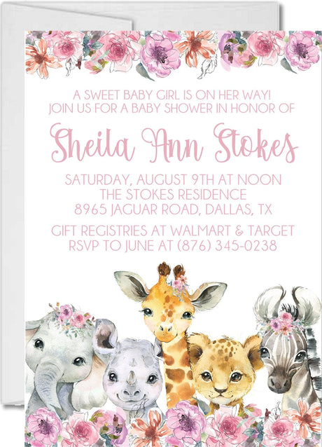 pink purple safari baby shower invitations elephant giraffe design
