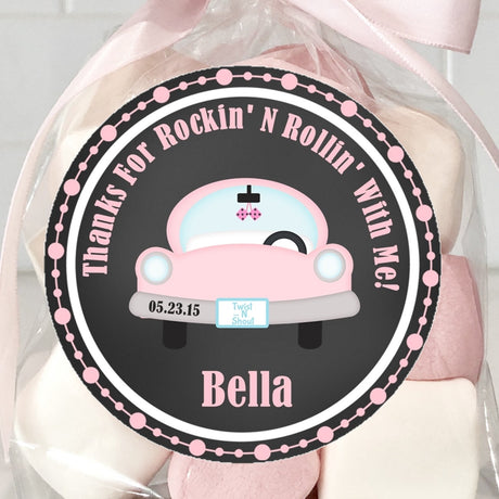 pink retro car rock and roll birthday sticker