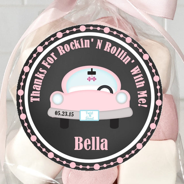 pink retro car rock and roll birthday sticker