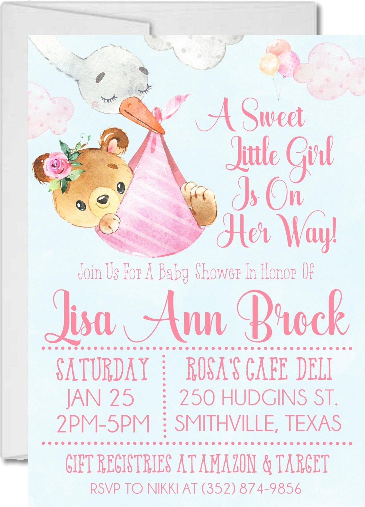 pink teddy bear baby shower invitations watercolor theme