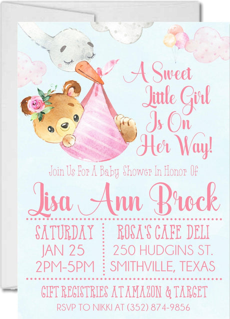 pink teddy bear baby shower invitations watercolor theme