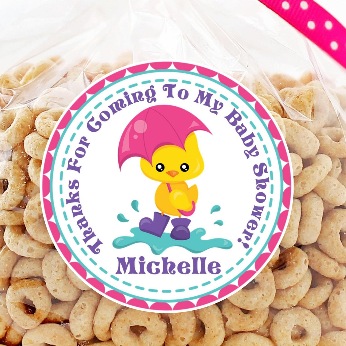 pink umbrella duck baby shower sticker with yellow duck splashing in puddle