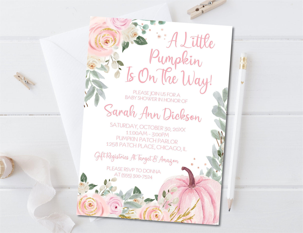 pink watercolor pumpkin invitation cards elegant seasonal floral style
