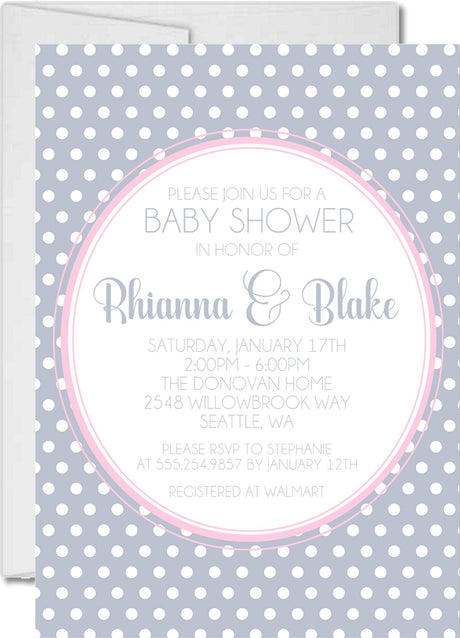 pink white gray  polka dot baby shower invitations
