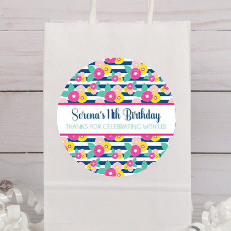 pink yellow navy striped floral birthday sticker