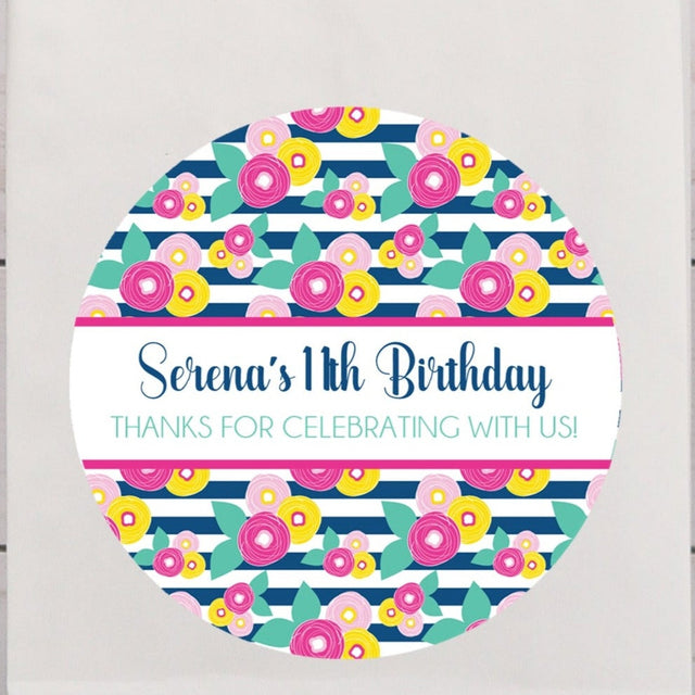 pink yellow navy striped floral birthday sticker