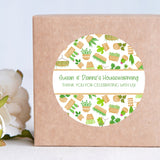 Beige and green housewarming stickers with mini potted plant design