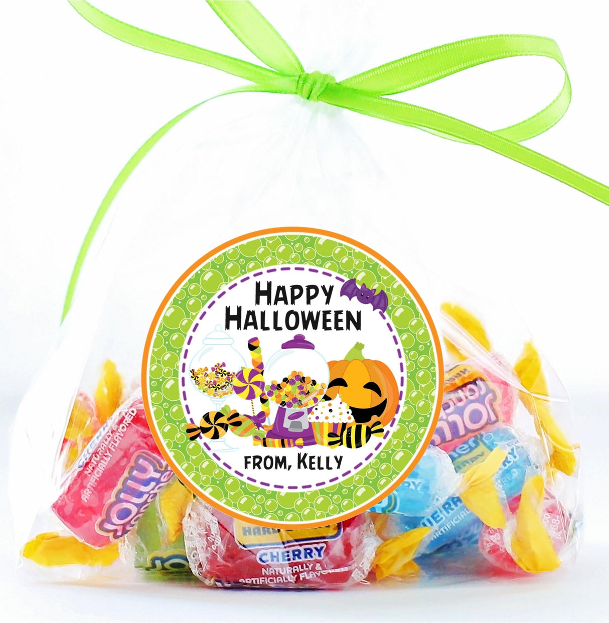 playful halloween party sticker showcasing multicolored candy designs