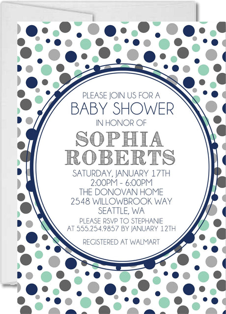 polka dot baby shower invitations navy gray design