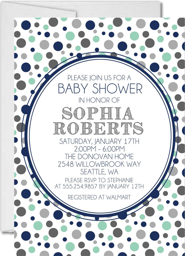 polka dot baby shower invitations navy gray design