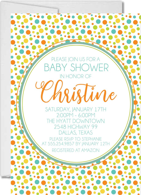polka dot baby shower invitations yellow orange turquoise dot pattern design