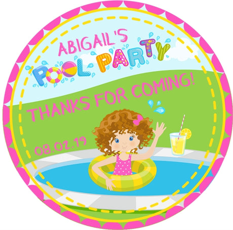 pool party birthday sticker with girl in pool float design