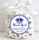 prince baby shower favor label with silver and navy blue crown design