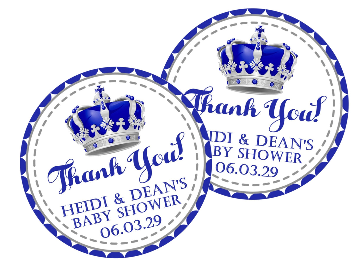 prince baby shower favor label with silver crown design