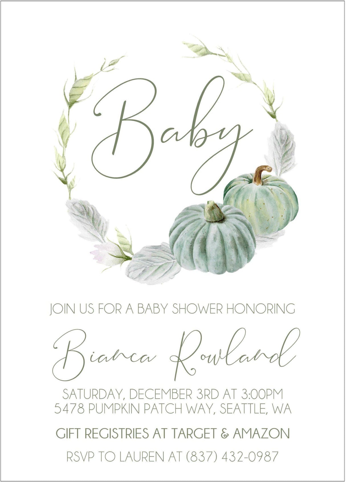 pumpkin baby shower invitations sage green watercolor design