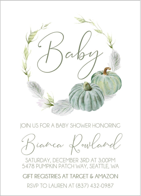 pumpkin baby shower invitations sage green watercolor design
