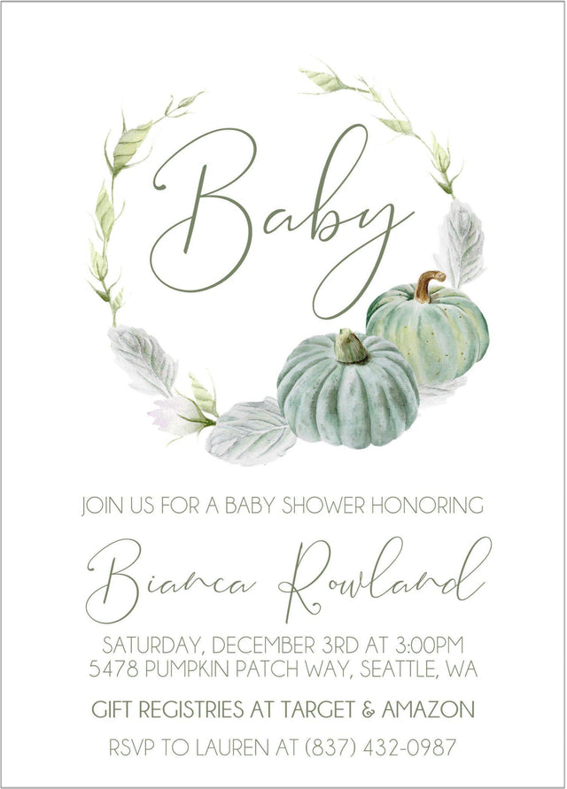 pumpkin baby shower invitations sage green watercolor design