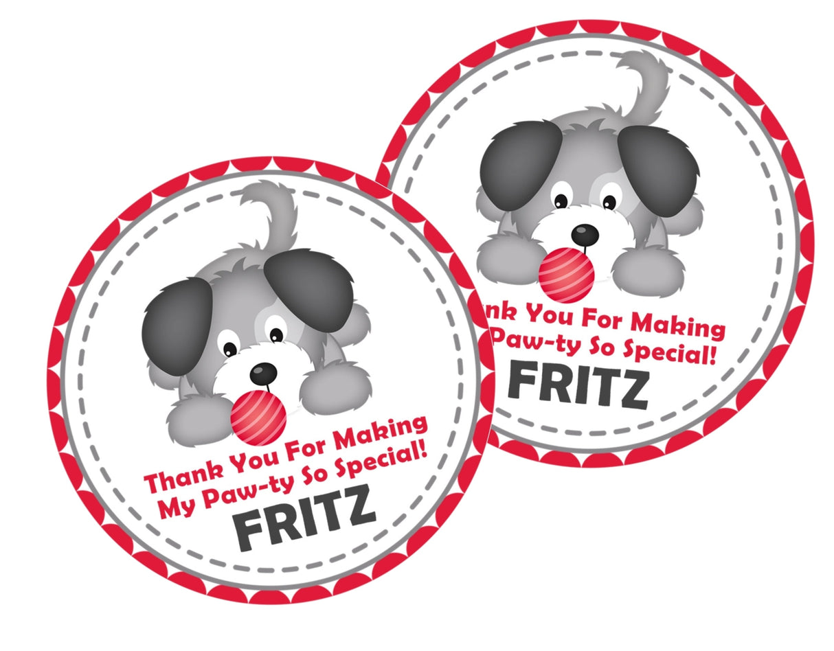 puppy paw-ty theme favor label in red