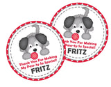 puppy paw-ty theme favor label in red