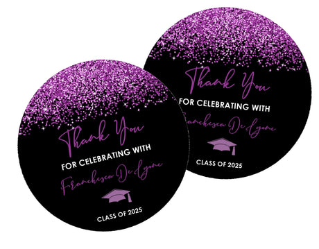 Purple and black graduation sticker on favor bag – party label example