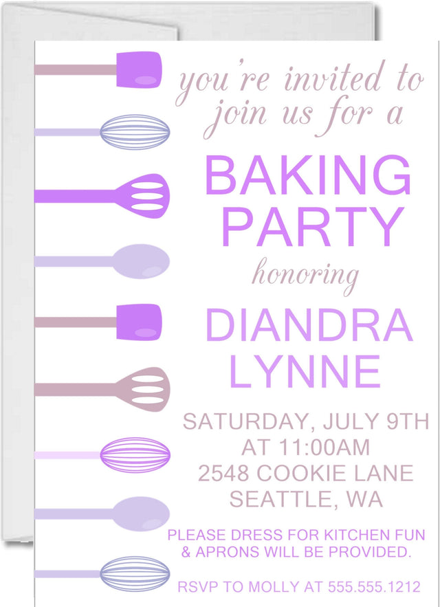 purple baking party birthday invitations colorful baking utensil design