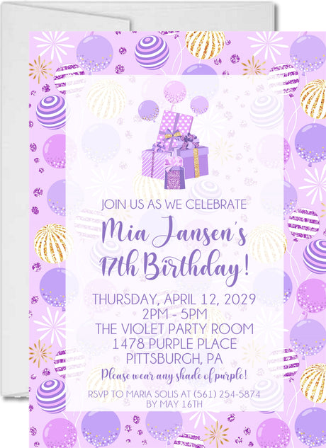purple birthday party invitations lavender balloon design
