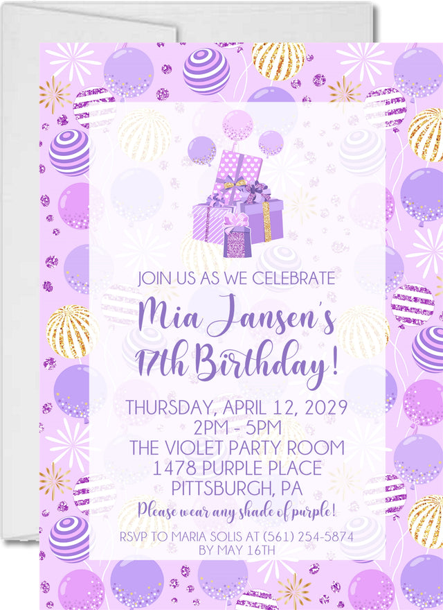 purple birthday party invitations lavender balloon design