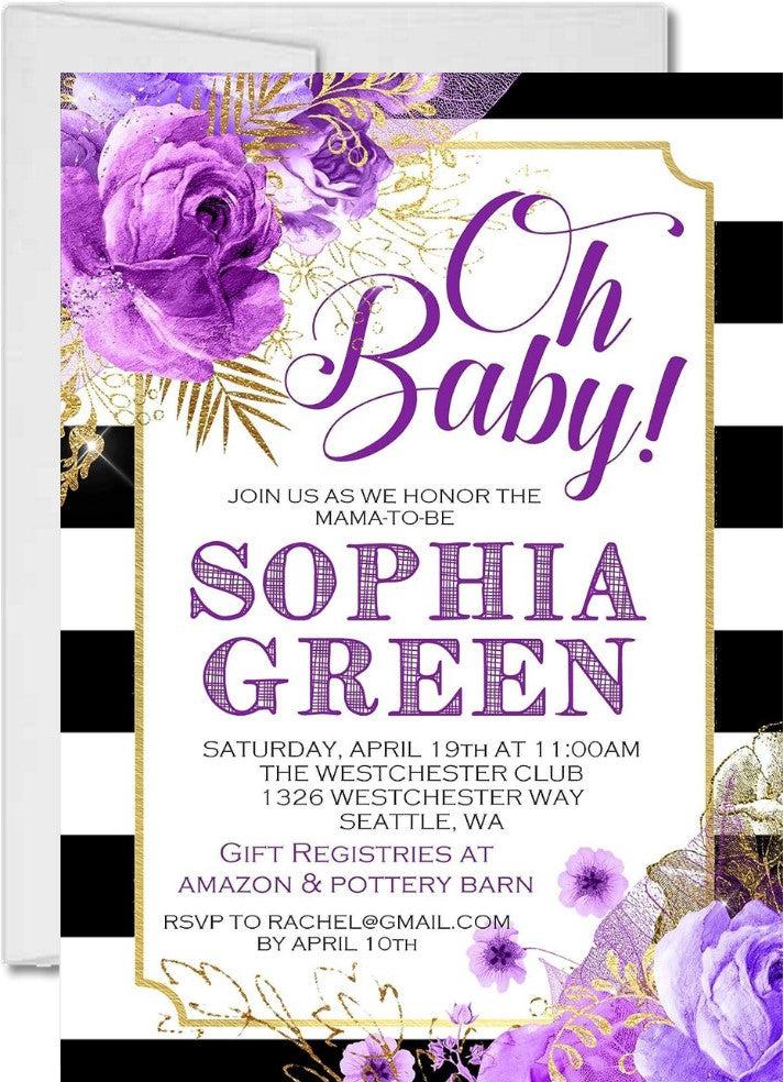 purple black white floral stripe baby shower invitations