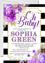 purple black white floral stripe baby shower invitations