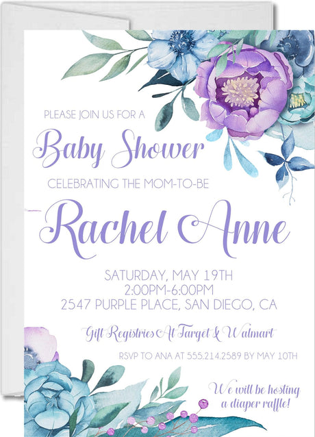purple blue floral baby shower invitations watercolor flower design