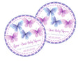 purple butterfly baby shower sticker with pink and lavender border
