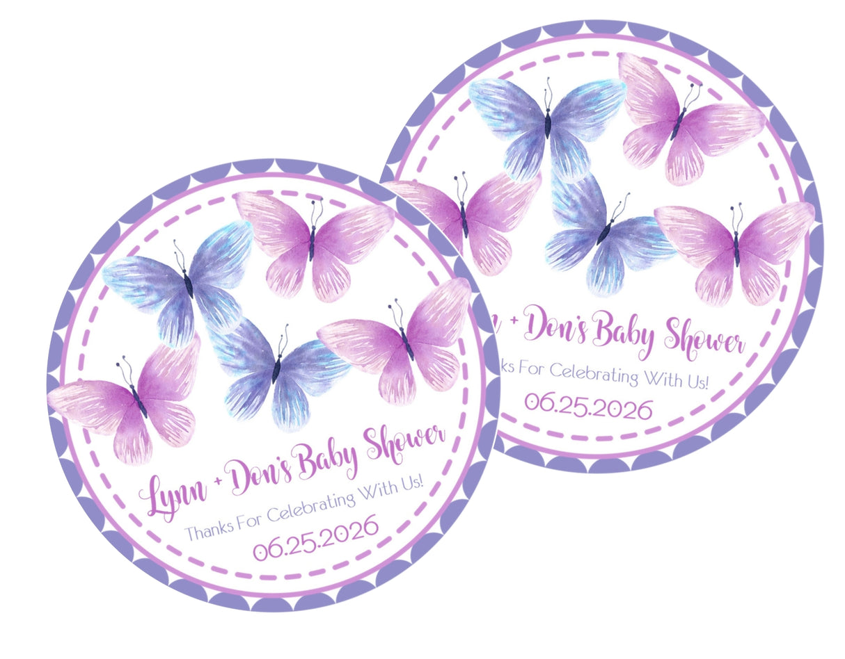 purple butterfly baby shower sticker with pink and lavender border