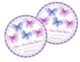purple butterfly baby shower sticker with pink and lavender border