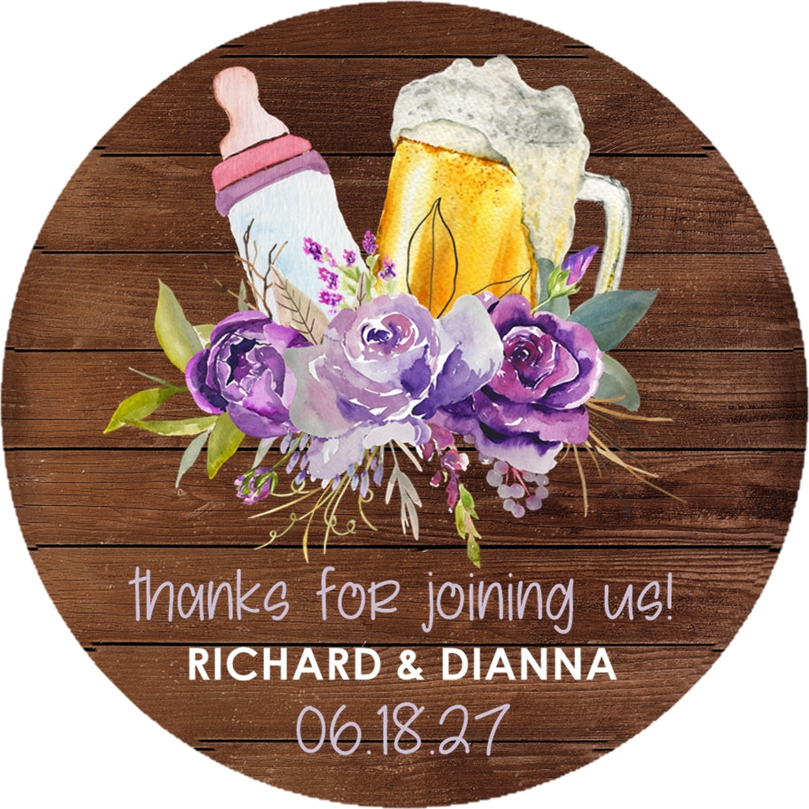 purple floral baby shower sticker with beer mug and baby bottle rustic wood design