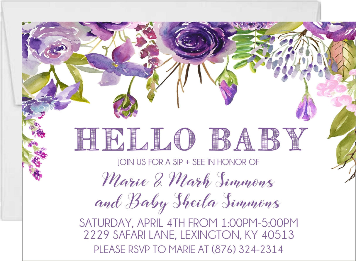 purple floral sip and see invitations watercolor flower design