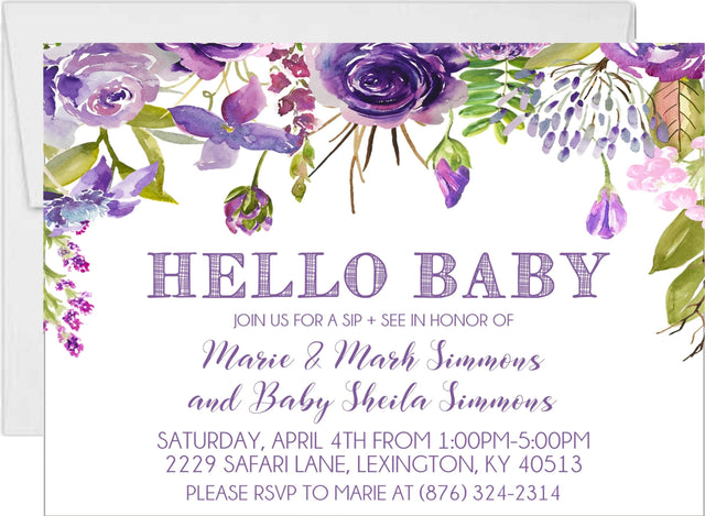 purple floral sip and see invitations watercolor flower design